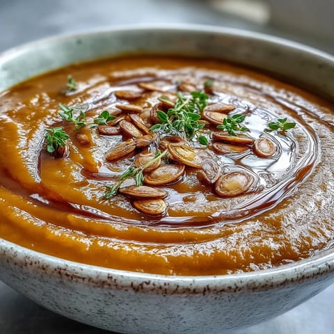 Golden roasted butternut squash soup with a drizzle of maple syrup and cinnamon spice.