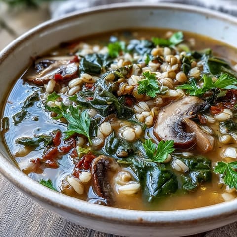 A warm bowl of Double Lentil and Mushroom Barley Soup garnished with fresh parsley, served next to a slice of crusty bread.