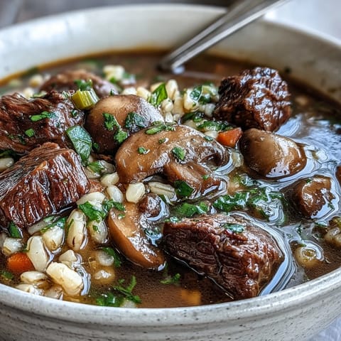 Golden ladle of Beef and Barley Soup with Mushrooms served in a cozy rustic bowl, garnished with fresh parsley for a bright finish.
