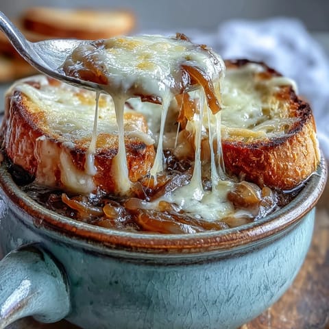 Golden bubbly Gruyère topping on classic French Onion Soup, served hot with a toasted bread slice and fresh thyme garnish.