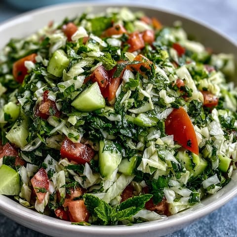 Healthy Lebanese Cabbage Salad tossed with fresh herbs, diced tomatoes, cucumbers, and green onions for a light side.