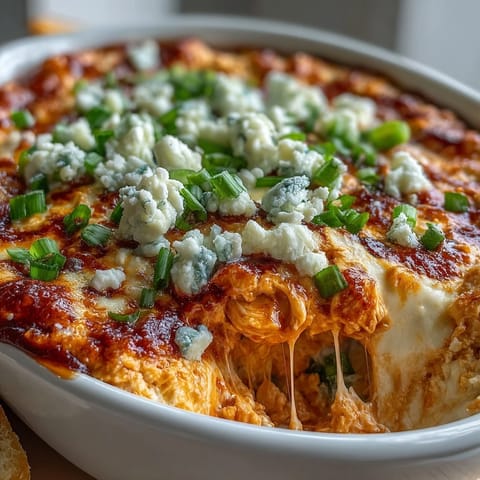 Hot, creamy Buffalo Chicken Dip served with crunchy celery sticks and blue cheese drizzle on the side.  