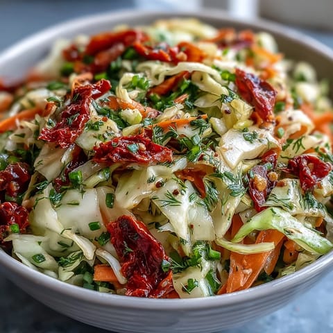 Crunchy cabbage salad with sun-dried tomatoes, fresh herbs, and vinaigrette, ready to serve as a bright side dish.