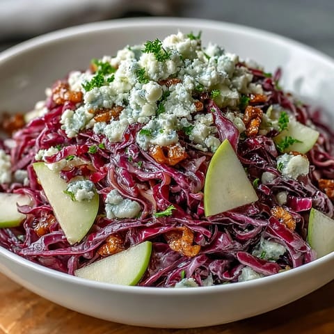 Close-up of Red Cabbage Coleslaw With Apple and Parmesan, highlighting fresh ingredients and cheese.