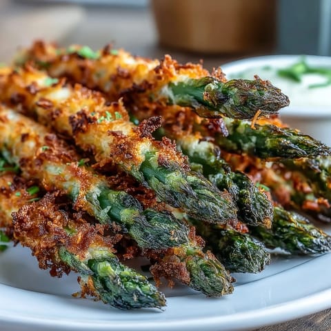 Golden-baked Crispy Asparagus Asiago Spears with lemon wedges and creamy dip on a white plate.