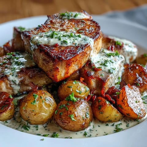 Golden-seared Crockpot Ranch Pork Chops with tender potatoes and carrots in a creamy ranch gravy, served family-style.