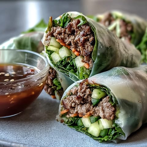 Fresh Thai Basil Beef Rolls served with a spicy dipping sauce and lime wedges.