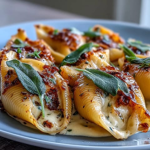 Fork lifting creamy pumpkin and smoked Gouda filling from a baked pasta shell smothered in rich Alfredo.