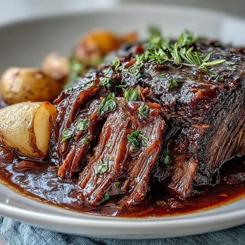 Golden-brown beef pot roast rests on a platter surrounded by tender carrots, celery, and potatoes, garnished with fresh parsley.