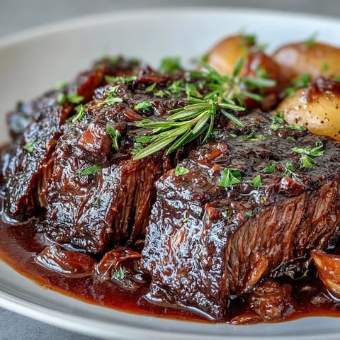 Rich, dark gravy glistens over shredded beef pot roast, served alongside rustic mashed potatoes and sautéed green beans for a hearty meal.