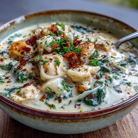 A ladle lifts velvety Garlic Parmesan Chicken Soup, revealing tender chicken and wilted spinach in a rich broth.
