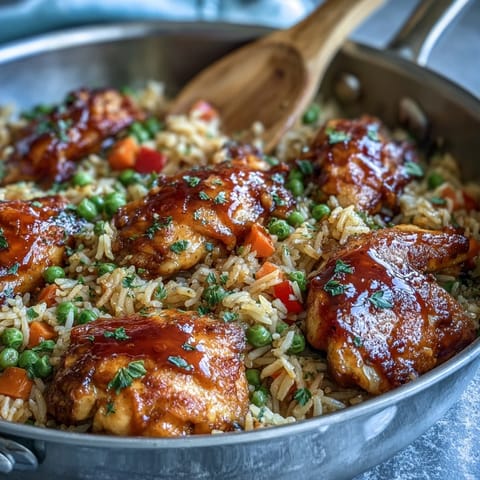 A close-up of One-Pan Bold Honey BBQ Chicken Rice, highlighting glossy honey BBQ sauce and steamed mixed veggies on fluffy grains.