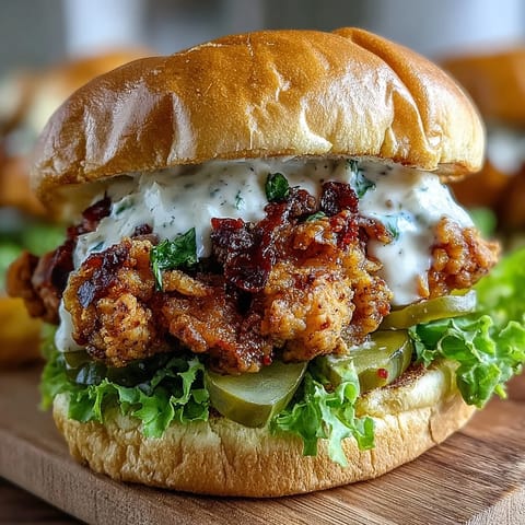 Creamy homemade sauce drips down the ultra-crispy fried chicken, showcasing a perfect spicy and cool bite.