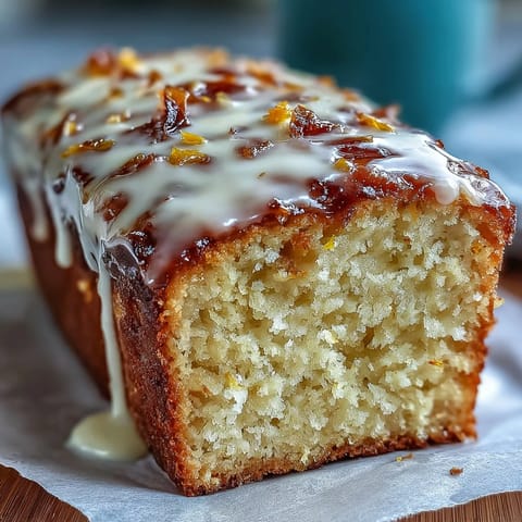 A close-up of a moist Heavenly Blood Orange Yogurt Cake slice revealing a tender crumb, held over a white plate to catch any sweet drips.