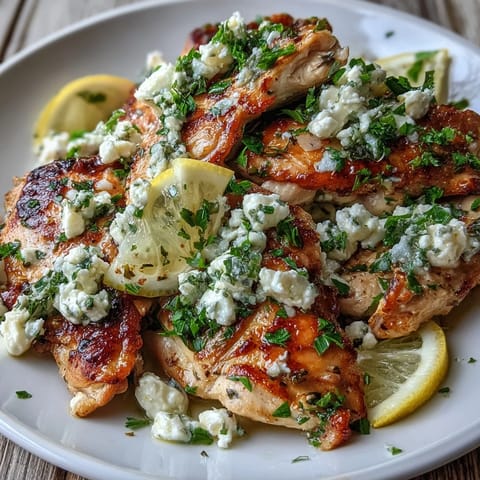 Sizzling Mediterranean Greek Chicken with Lemon and Feta rests beside a bright green salad for dinner.