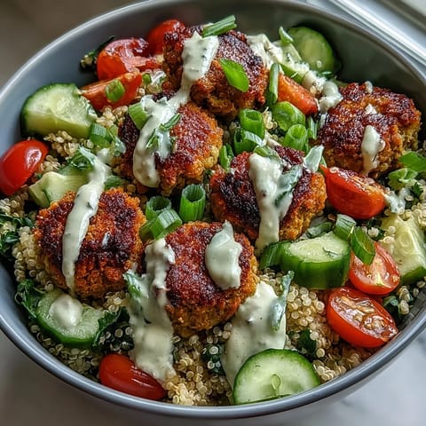 Drizzled with creamy garlic tahini sauce, this wholesome Falafel Quinoa Salad Bowl features green onions and lemon wedges for a bright, fresh finish.
