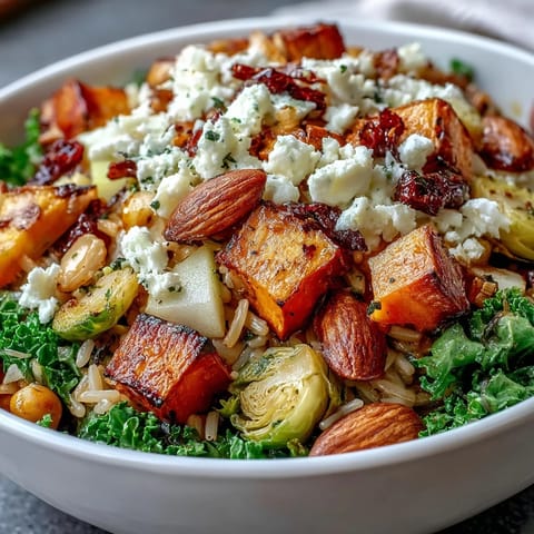 This vegetarian Fall Harvest Bowl features crispy chickpeas, diced apple, and celery, drizzled with apple cider vinaigrette for a nutritious autumn dinner.