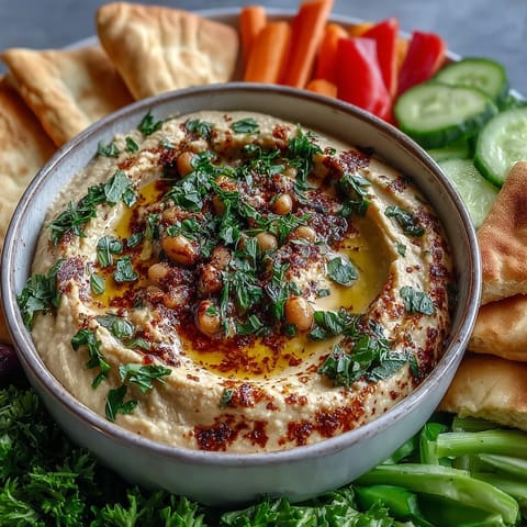 A bowl of smooth black-eyed pea hummus garnished with parsley and smoked paprika, paired with warm pita wedges for sharing.