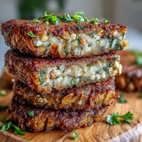 Pan-fried Black-Eyed Pea Burger Patties with crispy edges, garnished with fresh parsley and a side of sweet potato fries.