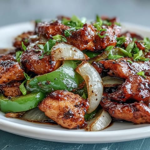 Sizzling Black Pepper Chicken in a skillet, garnished with green onions, served alongside fluffy white rice for a complete meal