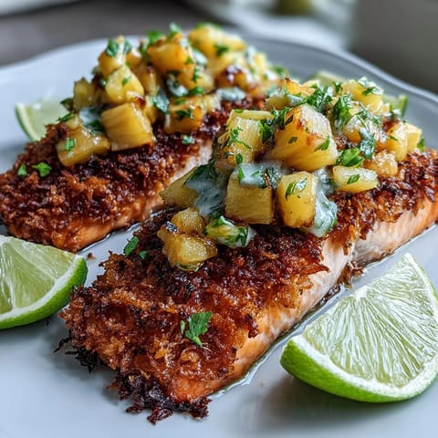Seared Coconut Crusted Salmon with a crispy texture, resting beside a vibrant bowl of chunky Pineapple Salsa.