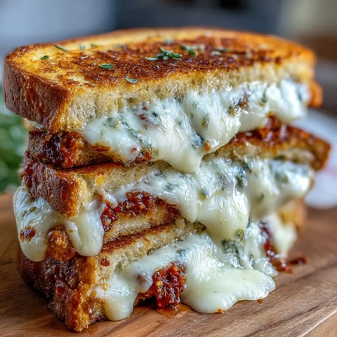 A toasted Sun-Dried Tomato Pesto Grilled Cheese sliced diagonally, revealing vibrant pesto spread and gooey mozzarella layers.