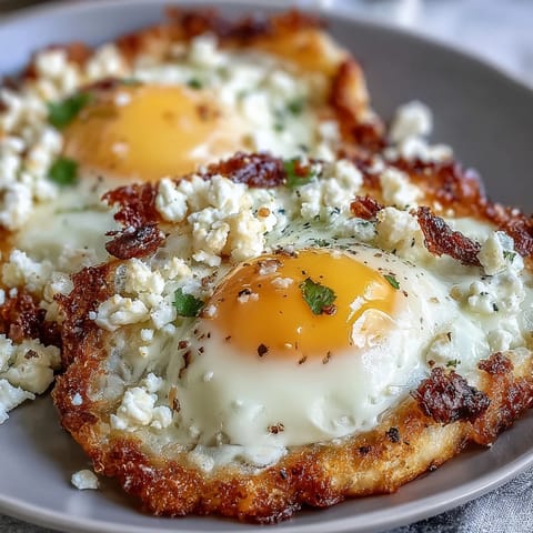 Crispy Feta Fried Eggs on toast with a golden, crunchy feta crust and a perfectly runny yolk.