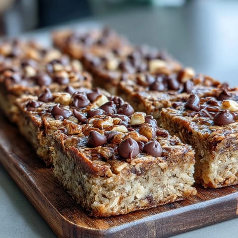Stack of warm Baked Oatmeal Bars with melted chocolate, served on a rustic wooden board for breakfast.