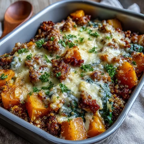 A hearty serving of Cozy Butternut Squash & Sausage Casserole with quinoa and spinach, ready to enjoy with a glass of red wine.