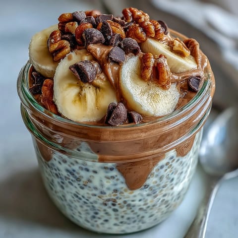 A close-up of Chunky Monkey Overnight Chia Pudding topped with dark chocolate chips and chopped roasted peanuts.