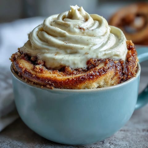 Freshly microwaved High-Protein Cinnamon Roll Mug Cake with a creamy tangy cream cheese glaze melting into the warm cinnamon swirl.