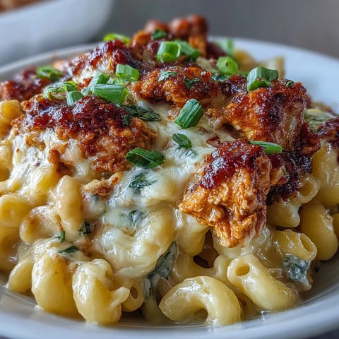 Steamy Korean-Style Turkey Mac & Cheese in a white bowl, topped with glossy sweet-spicy turkey and fresh green scallions.