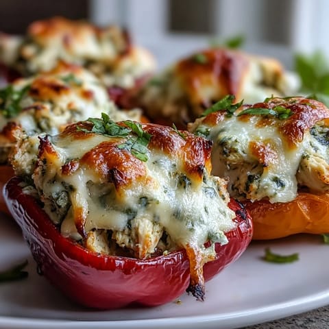Golden-baked Pesto Chicken Stuffed Sweet Peppers release steam on a rustic wooden board. The melted mozzarella topping bubbles over creamy filling in each mini pepper half.