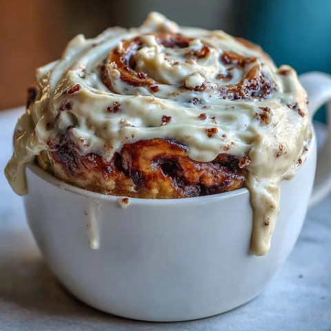 Warm High-Protein Cinnamon Roll Mug Cake with creamy tangy topping ready to eat.