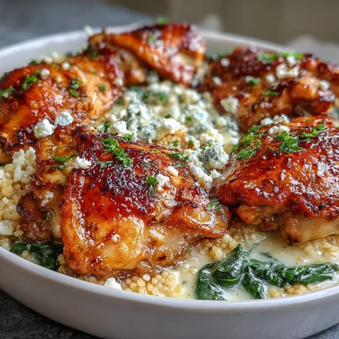 Golden-baked Creamy Greek Chicken & Pearl Couscous Bake in a skillet, topped with melted feta and fresh herbs.