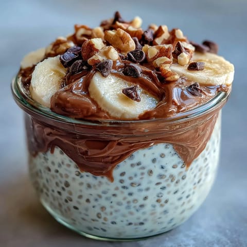 Layered Chunky Monkey Overnight Chia Pudding in a glass jar with banana slices, peanut butter, and chocolate chips.