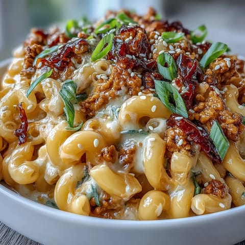 A fork lifts cheesy macaroni noodles mixed with spicy Korean-style turkey, steam rising from the hot fusion dish.