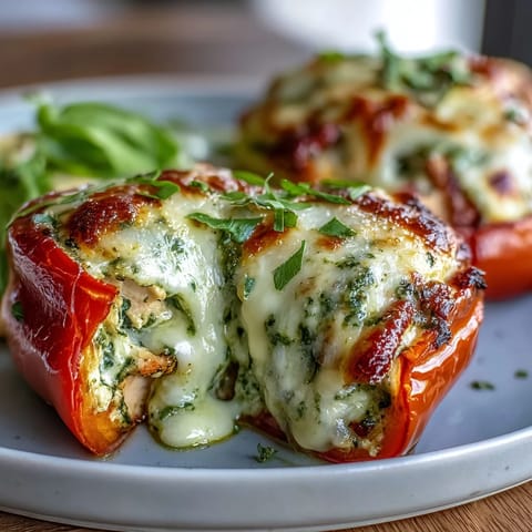 Golden-baked Pesto Chicken Stuffed Sweet Peppers with melted mozzarella, served warm on a wooden board.