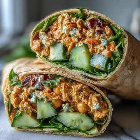 Halved Vegan Buffalo Chickpea Salad Wraps reveal chunky chickpea mash and vibrant veggies inside.