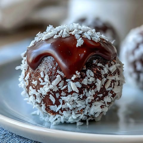 Vegan Chocolate Avocado Truffles coated in shredded coconut on a white plate.