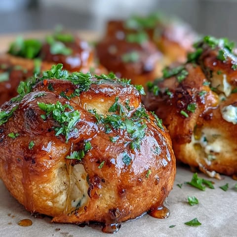 A plate of Hot Honey Ricotta Stuffed Garlic Knots served with extra hot honey for dipping.