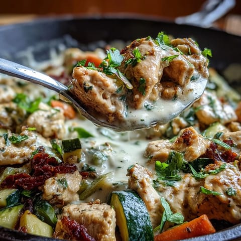 Creamy Ranch Turkey & Veggie Skillet features browned ground turkey, vibrant peppers and zucchini in a rich ranch sauce, served over fluffy pasta.