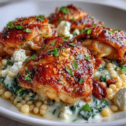 Golden-brown chicken thighs nestled in creamy Greek Chicken & Pearl Couscous Bake with fresh dill and lemon wedges.
