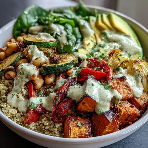 A nourishing Black-Eyed Pea Buddha Bowl with roasted vegetables, creamy tahini dressing, and fresh avocado slices on a bed of quinoa.  