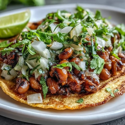 Crispy corn tortillas filled with savory mashed black-eyed peas, topped with fresh cilantro, diced onion, and zesty lime for a bold vegetarian taco experience.  