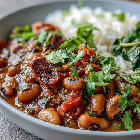 Rich and hearty vegan black-eyed pea curry with warming Indian spices, tender legumes, and vibrant green peas in a coconut-based sauce.  