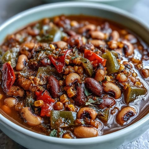 Hearty black-eyed pea chili with vibrant vegetables, warming spices, and a rich tomato broth, perfect for a comforting vegetarian meal.