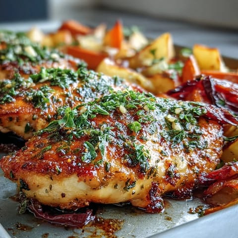 Golden-brown herb-crusted chicken breasts roast alongside vibrant carrots and sweet potatoes on a sheet pan.