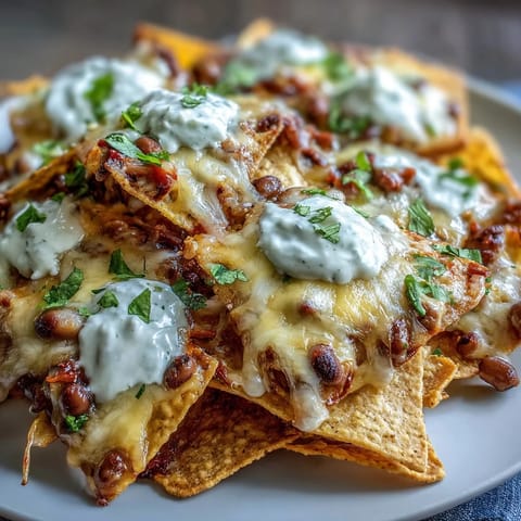 A tray of loaded nachos topped with black-eyed peas, melted cheese, jalapeños, and fresh cilantro.