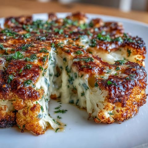 Thick cauliflower slices roasted until caramelized, topped with savory Parmesan and aromatic garlic for a satisfying vegetarian meal.  